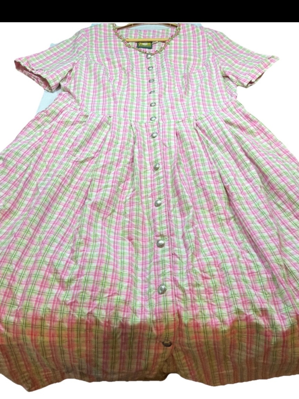 Hammerschmid Bavarian Prairie Button DRESS, Pink Green Plaid, Short Sleeves 2xl